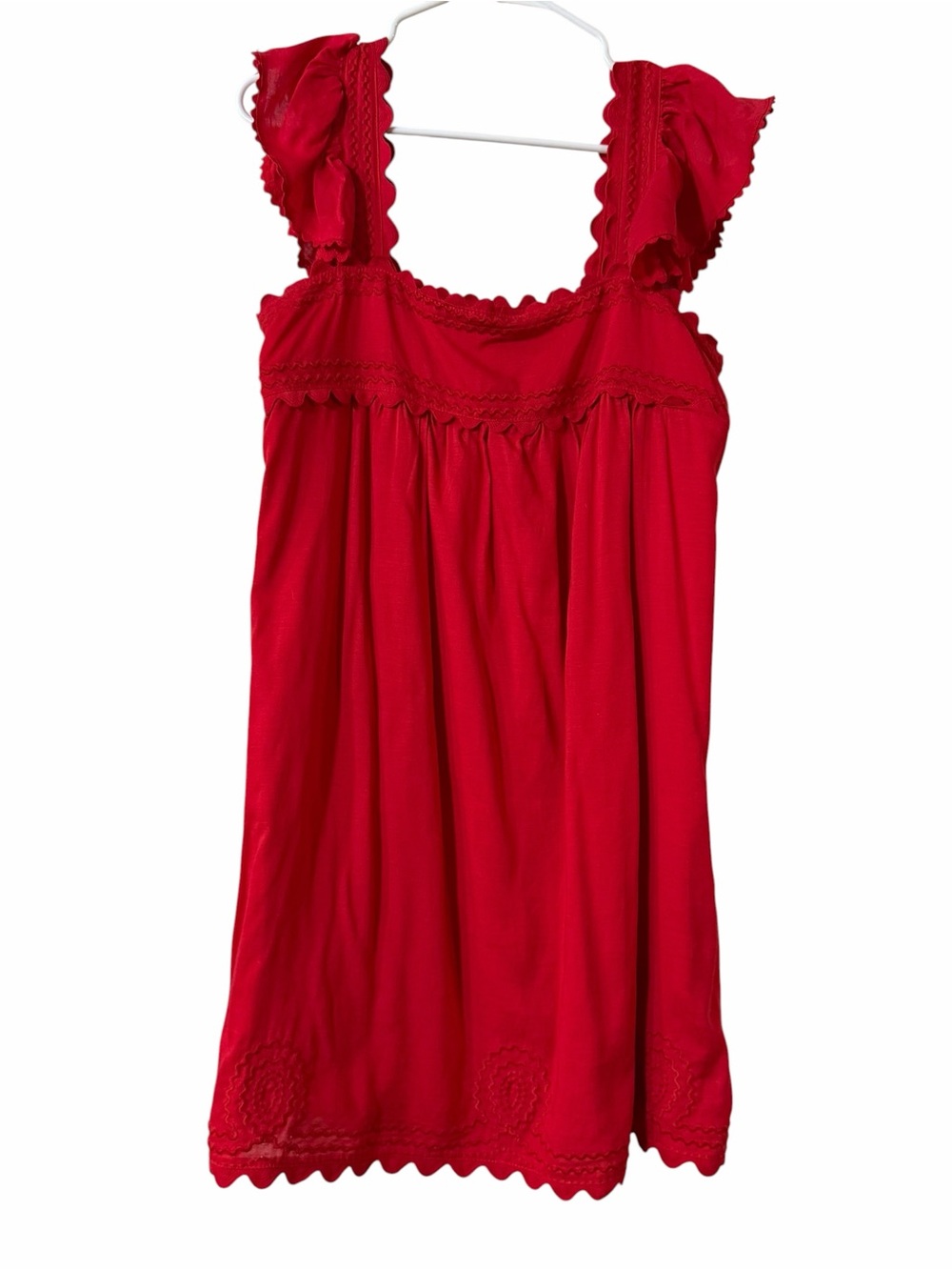 J.Marie Red Scallop Trim Babydoll Dress Small Linen Blend Flutter Sleeve - Picture 4 of 8